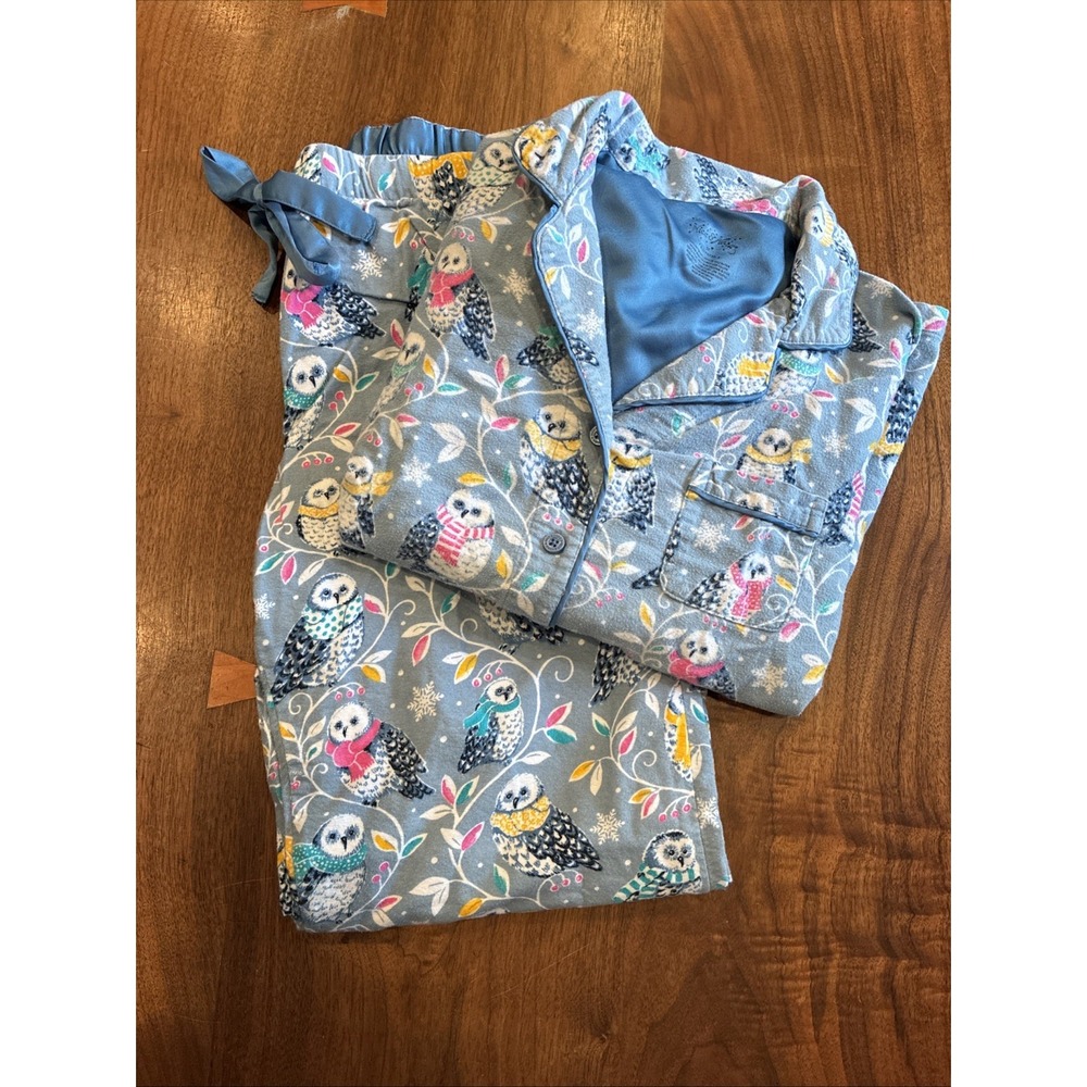 Nick and Nora Pajama Set Size M Blue Cotton Flannel Pockets Arts & Crafts Owl